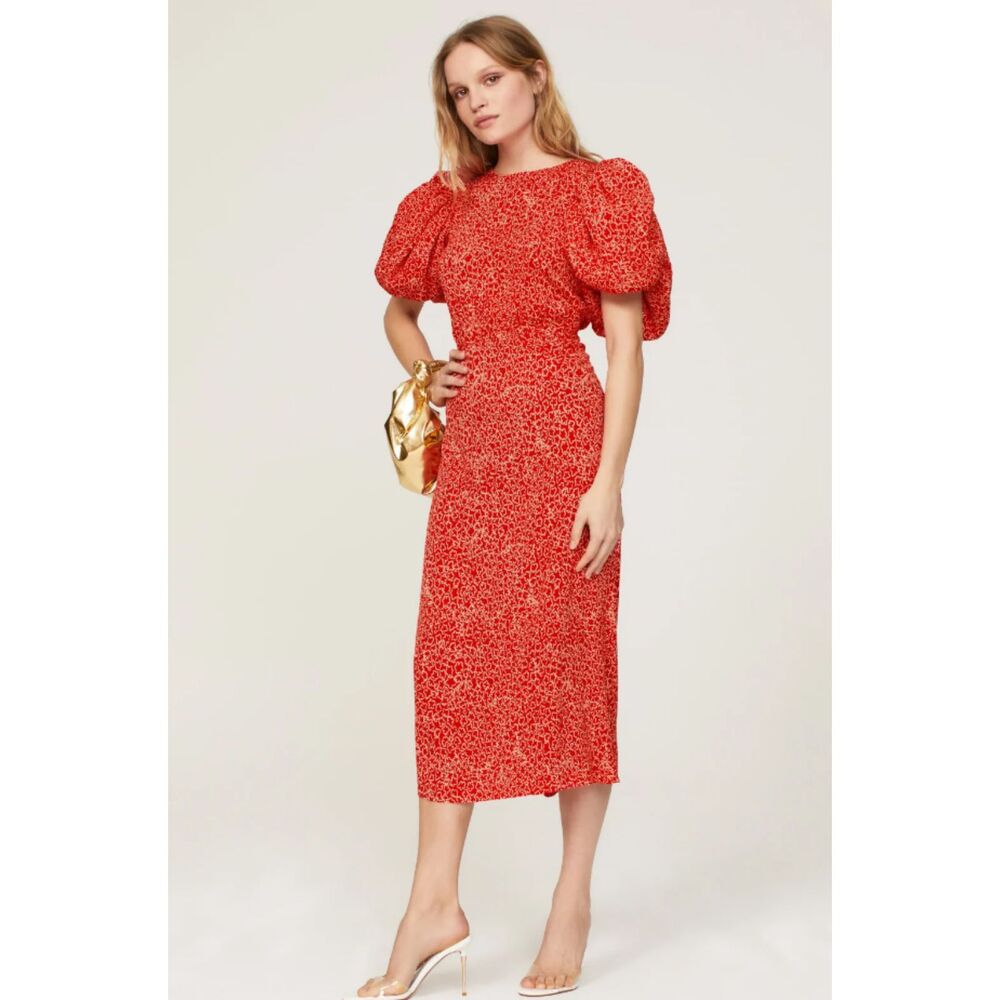 ROTATE Jacquard Red Floral Puff Sleeve Corset Open Back Cocktail Dress (No Size)